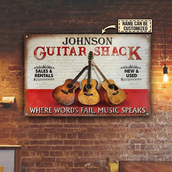 Metal Sign- Brickwall Background Guitar Shack Rectangle Metal Sign Custom Name - Thegiftio