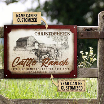 Metal Sign- Cattle Ranch Gate Open Hand Drawn Design Rectangle Metal Sign Custom Name Year - Thegiftio UK