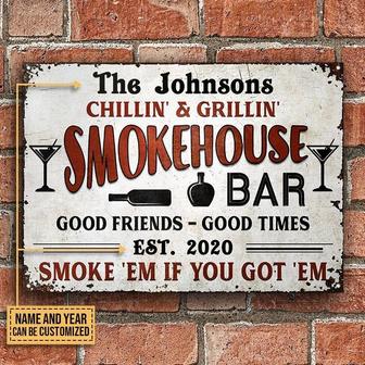 Metal Sign- Chillin And Grillin Smokehouse Red Black Text White Rectangle Metal Sign Custom Name Year - Thegiftio UK