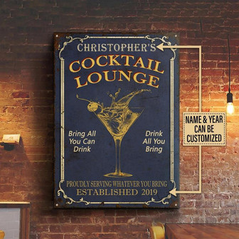 Metal Sign- Cocktail Lounge Blue Theme Rectangle Metal Sign Custom Name Year - Thegiftio UK