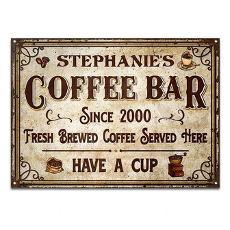 Metal Sign- Coffee Bar Fresh Brewed Served Here Rectangle Metal Sign Custom Name Rustic Design - Thegiftio