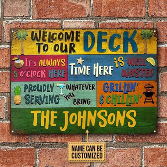Metal Sign- Colorful Background Deck Welcome Grillin And Chillin Custom Name Rectangle Metal Sign - Thegiftio