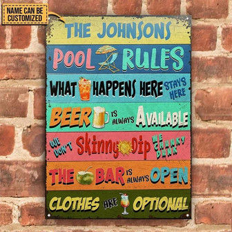 Metal Sign- Colorful Background Swimming Pool Rules Stays Here Rectangle Metal Sign Custom Name - Thegiftio UK