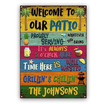 Metal Sign- Colorful Plank Patio Welcome Grilling Chilling Rectangle Metal Sign Custom Name - Thegiftio UK