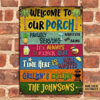 Metal Sign- Colorful Plank Porch Welcome Grilling Chilling Rectangle Metal Sign Custom Name - Thegiftio UK