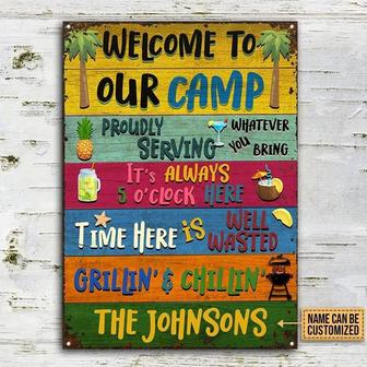 Metal Sign- Colorful Vertical Rectangle Welcome To Our Camp Rectangle Metal Sign Custom Name - Thegiftio UK