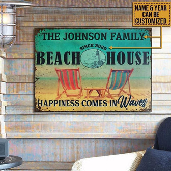 Metal Sign- Cute Beach House Happiness In Waves Rectangle Metal Sign Custom Name Year - Thegiftio UK