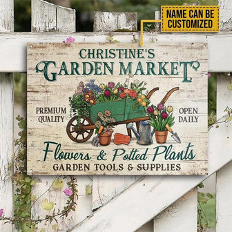 Metal Sign- Cute Design Garden Market Flowers And Potting Plants Rectangle Metal Sign Custom Name - Thegiftio