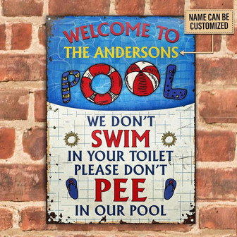 Metal Sign- Cute Design Swimming Pool Don't Pee Rectangle Metal Sign Custom Name - Thegiftio UK