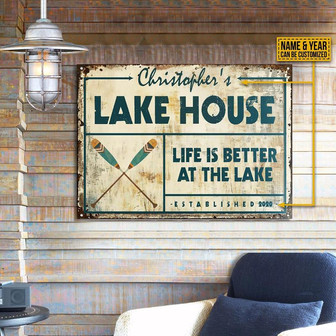 Metal Sign- Cute Paddle Lake House Life Is Better Rectangle Metal Sign Custom Name Year - Thegiftio UK