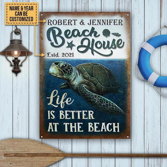 Metal Sign- Cute Turtle Beach Life Better Rectangle Metal Sign Custom Name Year - Thegiftio UK