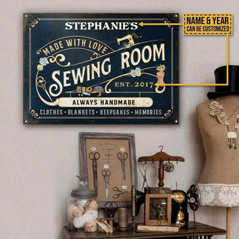 Metal Sign- Dark Blue Theme Sewing Room Made With Love Rectangle Metal Sign Custom Name Year - Thegiftio UK