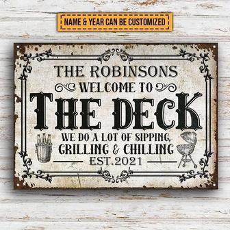 Metal Sign- Deck Sipping Grilling Chilling Black And White Design Rectangle Metal Sign Custom Name Year - Thegiftio UK