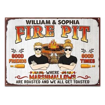 Metal Sign- Fire Pit Friends And Marshmallows Get Toasted Rectangle Metal Sign Custom Name - Thegiftio UK