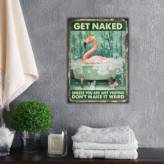 Metal Sign- Flamingo Bathroom Get Naked Green Design Rectangle Metal Sign - Thegiftio UK