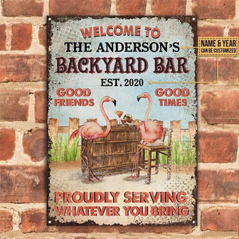 Metal Sign- Flamingo Backyard Bar Rectangle Metal Sign Custom Name Nice Style - Thegiftio UK