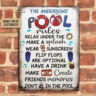 Metal Sign- Funny Design Swimming Pool Rules Relax Under The Sun Rectangle Metal Sign Custom Name - Thegiftio