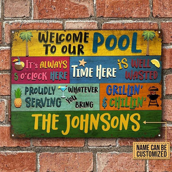 Metal Sign- Funny Design Swimming Pool Welcome To Our Custom Name Rectangle Metal Sign - Thegiftio UK