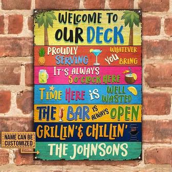 Metal Sign- Funny Design Welcome To Our Deck Bar Grilling Rectangle Metal Sign Custom Name - Thegiftio UK
