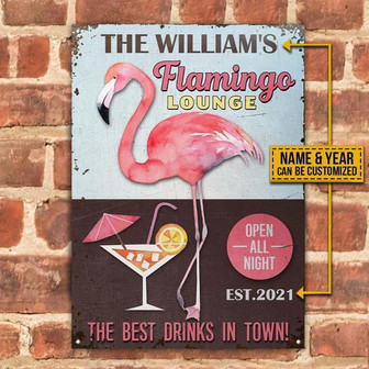 Metal Sign- Funny Flamingo Lounge Open All Night Rectangle Metal Sign Custom Name And Year - Thegiftio UK