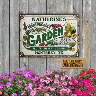 Metal Sign- Garden Fresh Produce Fruit And Flower Rectangle Metal Sign Custom Name Year Address - Thegiftio