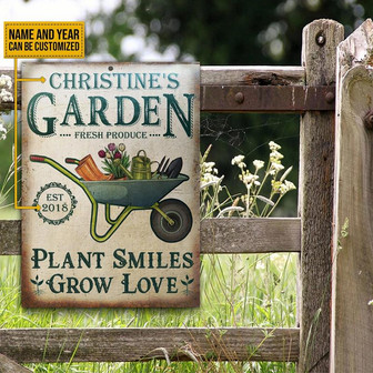 Metal Sign- Garden Plant Smiles Grow Custom Name Rectangle Metal Sign Lovely Design - Thegiftio
