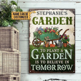 Metal Sign- Gardening Believe In Tomorrow Rectangle Metal Sign Custom Name Flower Cart - Thegiftio UK