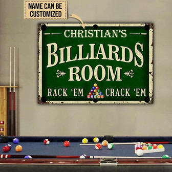 Metal Sign- Green Design Billiards Room Rack'em Crack'em Rectangle Metal Sign Custom Name - Thegiftio UK