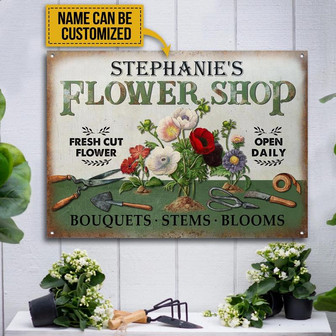 Metal Sign- Green Design Floristry Flower Shop Fresh Cut Flowers Rectangle Metal Sign Custom Name - Thegiftio UK