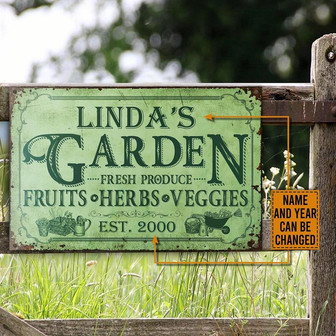 Metal Sign- Green Theme Garden Fresh Produce Classic Rectangle Metal Sign Custom Name And Year - Thegiftio UK