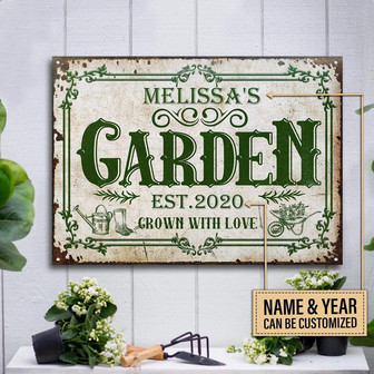 Metal Sign- Green Theme Gardening Grown With Love Custom Name Year Rectangle Metal Sign Lovely Design - Thegiftio UK