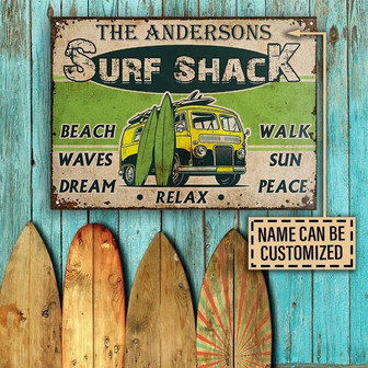 Metal Sign- Green Background Yellow Bus Surfing Wall Sun Rectangle Metal Sign Custom Name - Thegiftio UK