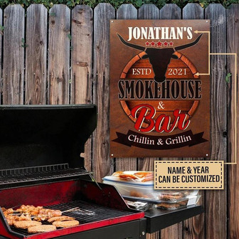 Metal Sign- Grilling Smokehouse And Bar Chillin Brown Rectangle Metal Sign Custom Name Year - Thegiftio UK
