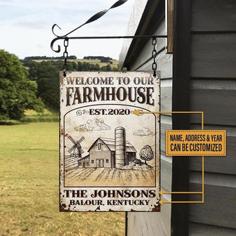 Metal Sign- Hand Drawn Farmhouse Nice Style Rectangle Metal Sign Custom Name Address Year - Thegiftio UK