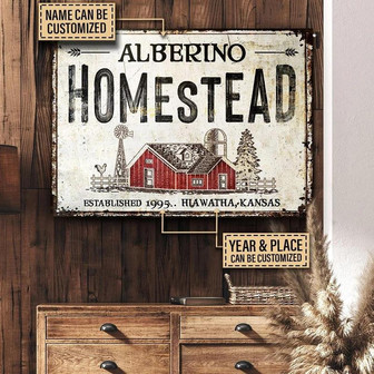 Metal Sign- Hand Drawn Red Farmhouse Homestead Rectangle Metal Sign Custom Name Year Place - Thegiftio UK