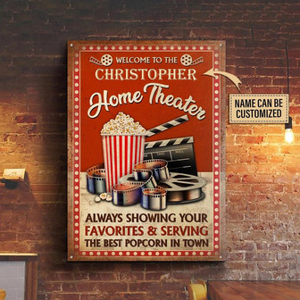 Metal Sign- Home Theater Best Popcorn In Town Rectangle Metal Sign Custom Name - Thegiftio UK