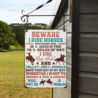 Metal Sign- Horse Beware I Ride Horse White Rectangle Metal Sign Custom Name - Thegiftio UK