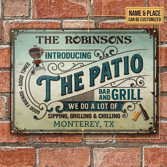 Metal Sign- Introducing Patio Bar And Grill Blue Design Rectangle Metal Sign Custom Name Place - Thegiftio UK