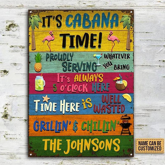 Metal Sign- It's Cabana Time Rectangle Metal Sign Custom Name Colorful Wood Pattern - Thegiftio UK