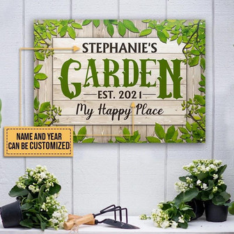 Metal Sign- Leave Border Gardening Happy Place Rectangle Metal Sign Custom Name Year - Thegiftio UK
