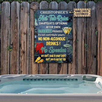 Metal Sign- Leave Border Hot Tub Rules Black Rectangle Metal Sign Custom Name - Thegiftio UK