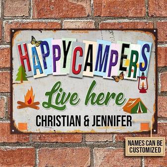 Metal Sign- Lovely Design Camping Happy Campers Live Here Rectangle Metal Sign Custom Name - Thegiftio UK