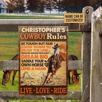 Metal Sign- Man Riding Horse Cowboy Rules Rectangle Metal Sign Custom Name - Thegiftio UK