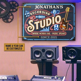 Metal Sign- Neon Design Bass Guitar Recording Studio Rectangle Metal Sign Custom Name Year - Thegiftio
