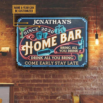 Metal Sign- Neon Design Home Bar Come Early Stay Late Rectangle Metal Sign Custom Name Year - Thegiftio UK