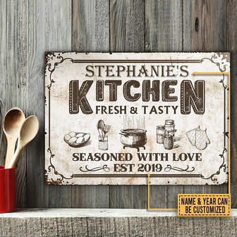 Metal Sign- Nice Design Farmhouse Kitchen Seasoned With Love Rectangle Metal Sign Custom Name Year - Thegiftio UK