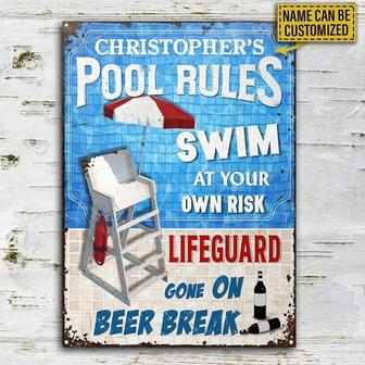 Metal Sign- Nice Design Swimming Pool Swim At Own Risk Rectangle Metal Sign Custom Name - Thegiftio UK