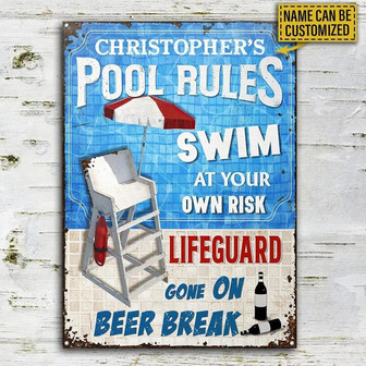 Metal Sign- Nice Design Swimming Pool Swim At Own Risk Rectangle Metal Sign Custom Name - Thegiftio