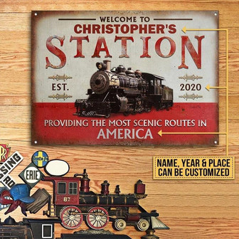 Metal Sign- Old Train Station Vintage Red Theme Rectangle Metal Sign Custom Name Year Place - Thegiftio UK