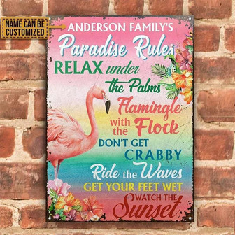 Metal Sign- Ombre Background Flamingo Paradise Rules Rectangle Metal Sign Custom Name - Thegiftio UK